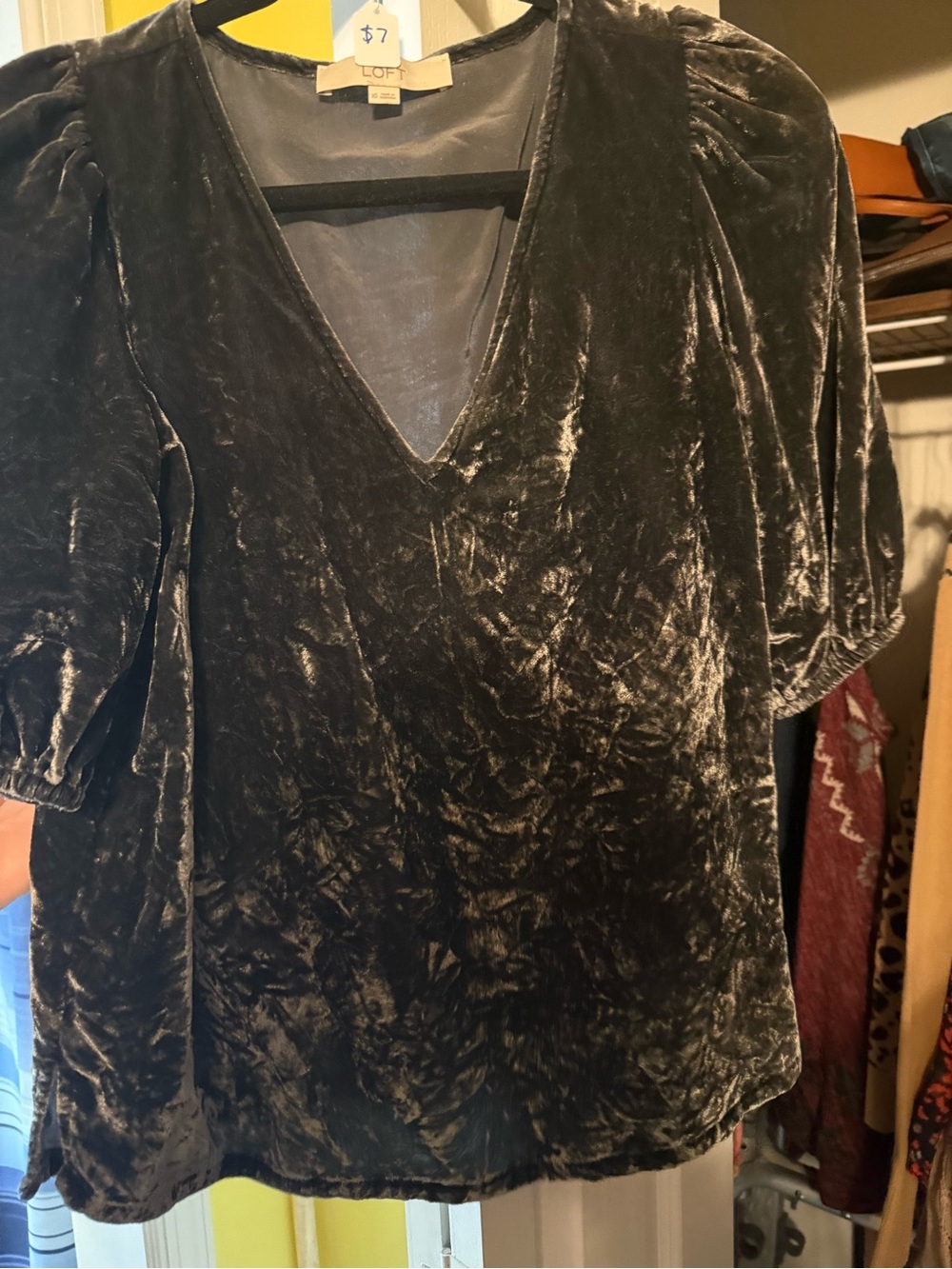 LOFT Dark gray Crushed Velvet V-Neck Puff Sleeve Blouse